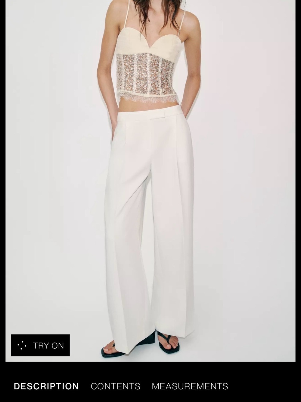 Zara Cream Lace Corset Cami with White Wide-Leg Trousers